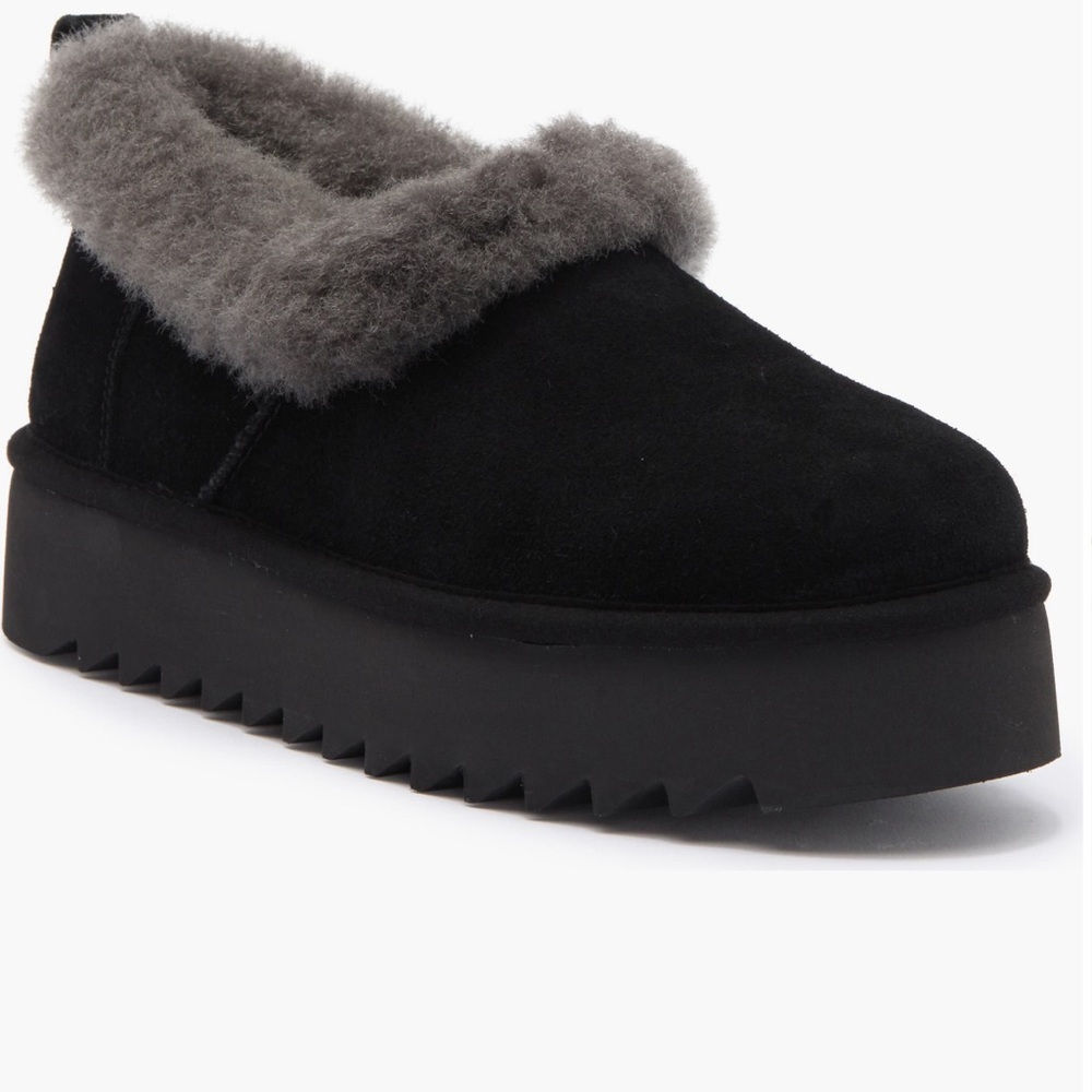 UGG Black Suede Slipper with Gray Shearling Trim